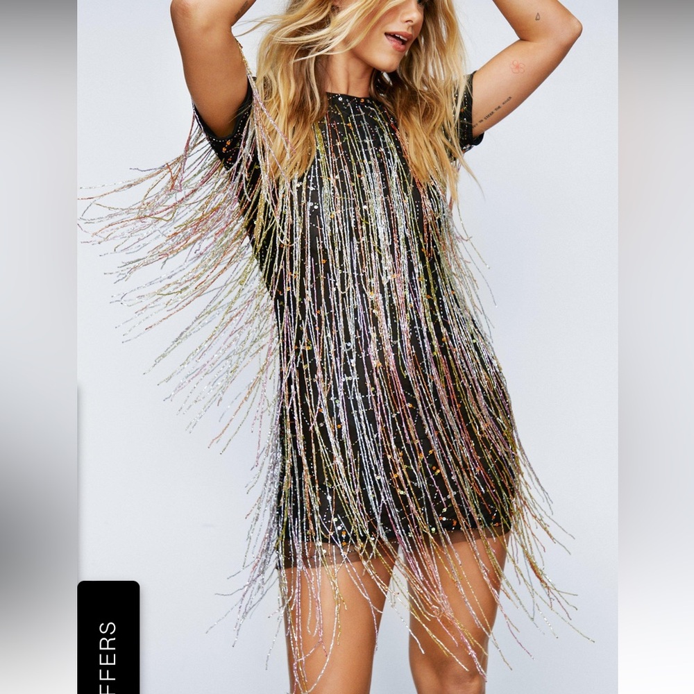 NASTY GAL TASSEL BEADED SEQUIN MINI SHIFT DRESS NWT - ERAS TOUR!